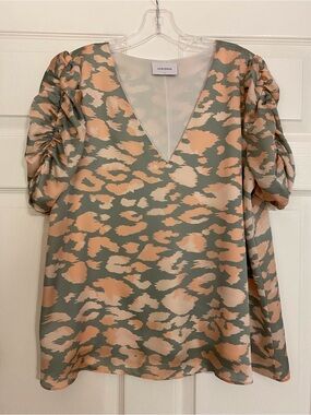 Adrienne V-Neck Puff Sleeve Top in Sage and Peach Animal Print